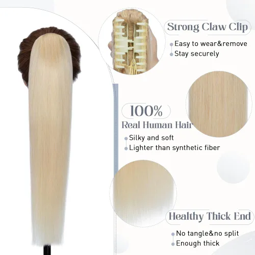 Vista 21 de Rich Choices Extensión de cola de caballo con clip de garra, cabello humano real, una pieza, extensiones de cabello largo Remy para mujer, #18P613