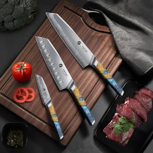 Vista 2 de Juego de cuchillos de cocina de 3 piezas, juego de cuchillos de chef japoneses con núcleo de acero en polvo S35VN, mango de resina y madera, juego