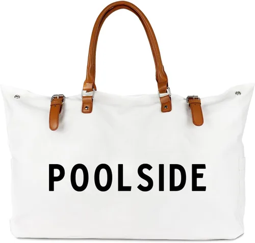Vista 12 de Lamyba Bolsa de playa con mango de cuero vegano, extra grande, para mujer, impermeable, a prueba de arena, color blanco