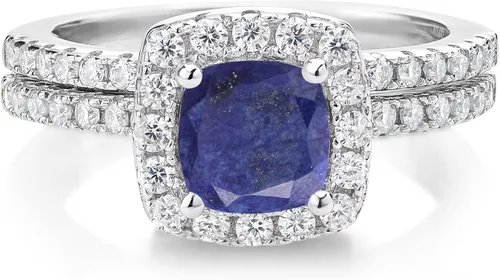 Vista 2 de Cojín de anillo de plata de ley 925 lapislázuli azul y piedra gema moissanita creada King 152 quilates Metal Gema Lapislázuli Moissanita sintética