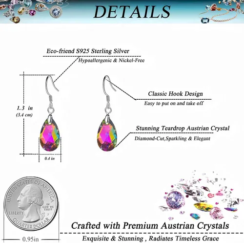 Vista 29 de Aretes colgantes de cristal austriaco con forma de lágrima para mujer, joyería hipoalergénica de plata de ley 925