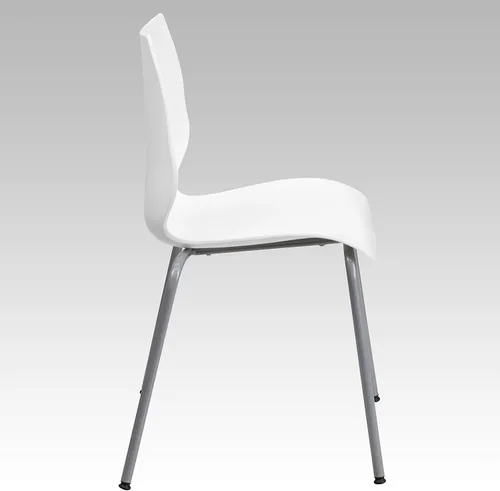 Vista 6 de BizChair Silla apilable blanca con soporte lumbar y marco plateado