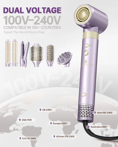 Vista 2 de Cepillo secador de pelo, estilizador de aire caliente de doble voltaje 8 en 1, secado rápido, 110,000 rpm, secador iónico con accesorios alisadores