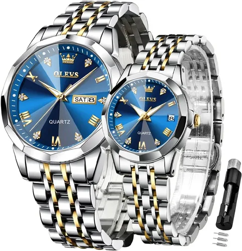 Vista 49 de OLEVS Juego de 2 relojes de cuarzo para parejas de San Valentín, calendario luminoso, ventana de fecha, 3 ATM, impermeable, casual, acero