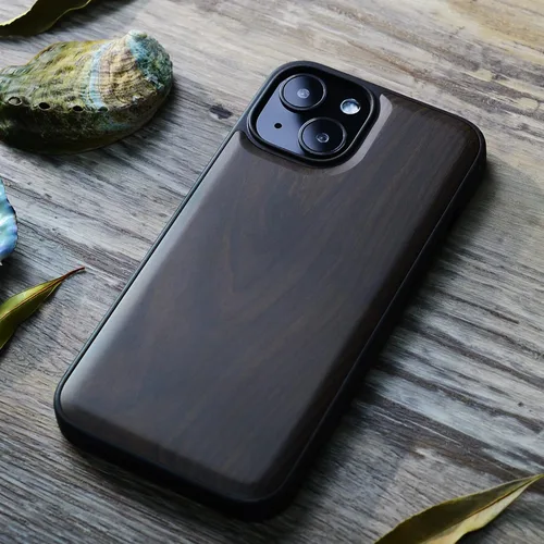 Vista 4 de Carveit Funda magnética de madera para iPhone 13 Mini [madera natural y TPU suave negro] funda protectora de madera única y elegante a prueba
