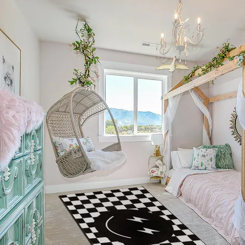 Vista 5 de Demissle Alfombra negra con diseño de sonrisa, diseño a cuadros, divertida, para dormitorio, contemporánea, a cuadros, decoración de habitación