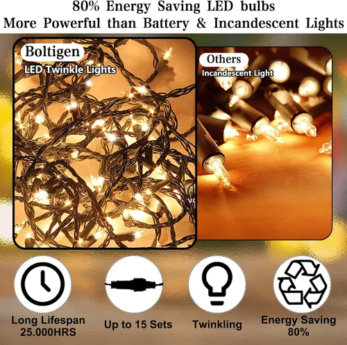 Vista 5 de Heyworld Luces de Parpadeo Lento 75 LED, Luces Navideñas de Parpadeo Suave, Cadena de Luces Certificada UL Impermeable, 37 de 75 Luces Parpadean, 28