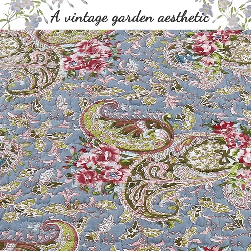 Vista 4 de Cozy Line Home Fashions Juego de ropa de cama acolchada reversible de 3 piezas, 100% algodón, rojo verde, estilo cottage floral francés campestre