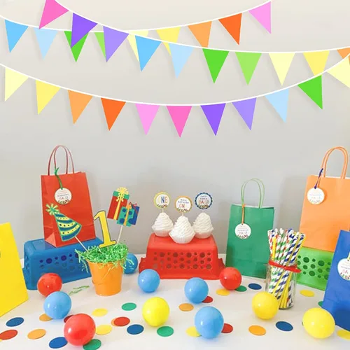 Vista 6 de Kit de decoración de fiesta de arcoíris de 32 pies de tela colorida triangular, banderines de banderines de algodón para cumpleaños, boda, baby