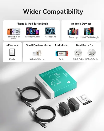 Vista 8 de INIU Paquete de 2 cargadores tipo C de 30 W de carga rápida y cable de carga USB C INIU de 6.6 pies, cable de carga rápida USB A a tipo C de 3.1 A