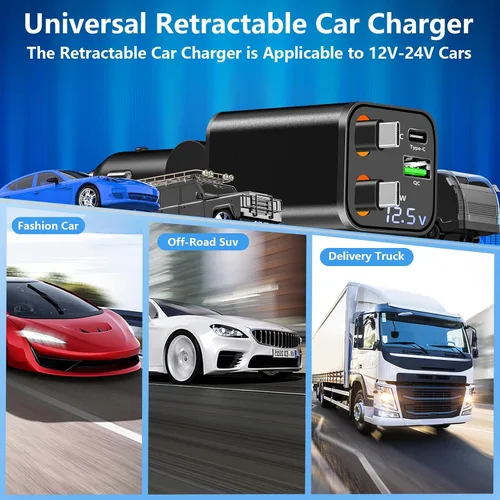 Vista 7 de [Apple MFi Certified] Retractable Car Charger USB C, Braveridge 120W Car Phone Charger 4 in 1 PD/QC Type C Fast Charging Car Accessories Adapter for
