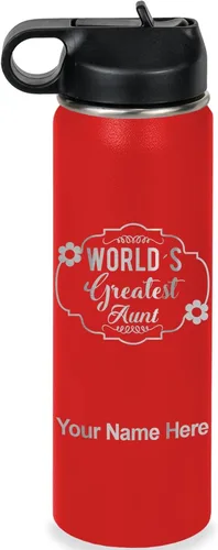 Vista 31 de LaserGram Botella de agua con tapa abatible de doble pared de 12 onzas con pajilla, la tía más grande del mundo, grabado personalizado incluido Negro