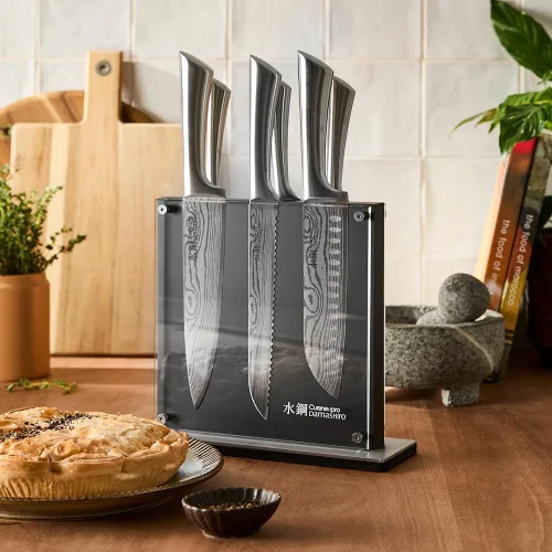 Vista 7 de Cuisine: pro Damashiro - Bloque de cuchillos (Kumi, juego de 7 cuchillos de chef) – Cuchillo de acero japonés – Bloque magnético para cuchillos