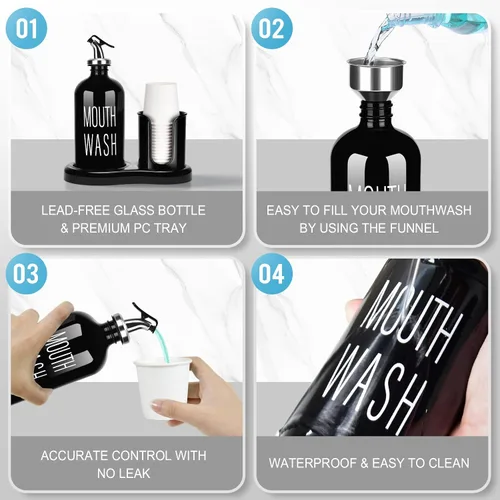 Vista 3 de Dispensador de Enjuague Bucal de Vidrio con Portavasos, BYAWAY Juego de Enjuague Bucal para Baño, Contenedor de Botella de Enjuague Bucal Recargable