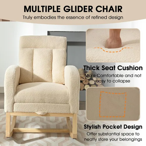 Vista 7 de NIOIIKIT Mecedora Moderna para Guardería, Mecedora Tapizada Teddy con Reposapiés, Cómoda Mecedora Deslizante con Bolsillo Lateral para Sala