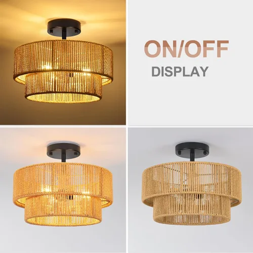 Vista 5 de ZECOXOL Lámpara de Techo de Ratán Moderna Bohemia Chandelier de Montaje Empotrado Luz de Techo de 3 Luces 12.99", Lámparas de Luz de Mimbre Tejido