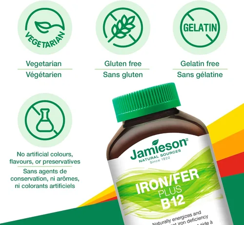 Vista 5 de Jamieson Iron + Vitamina B12, 45 pestañas masticables