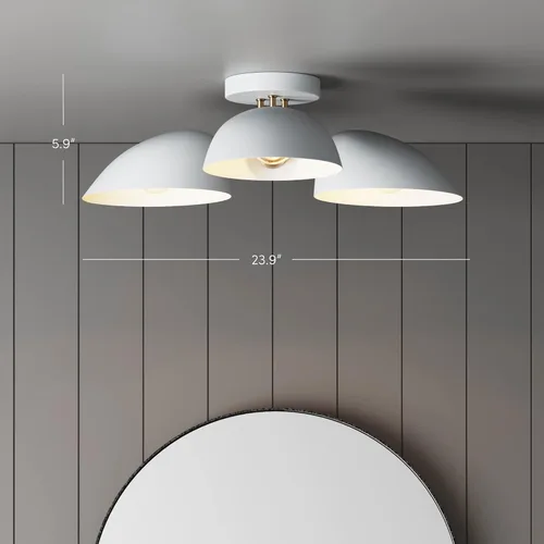 Vista 5 de Nathan James Argo - Lámpara de techo semi empotrada al ras, 3 luces, iluminación retro moderna con pantallas redondeadas blancas para pasillo, Latón
