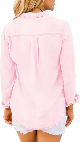 Vista 2 de luvamia Camisa vaquera de chambray para mujer, camisas occidentales de manga larga con botones