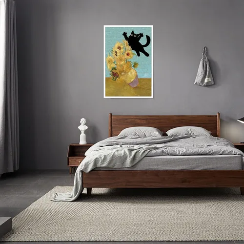 Vista 6 de Póster de Arte Gracioso de Gato Negro Vintage Van Gogh Girasol Gato Impreso en Lienzo Arte de Pared de Gato Lindo Estética de Animales