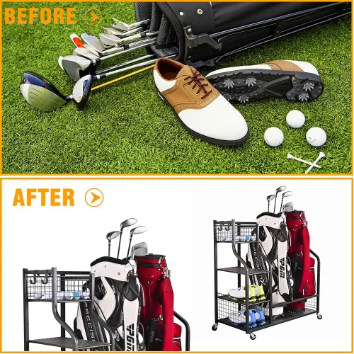 Vista 5 de Golf Bag Garage Storage Organizer Extra Large Size Golfs Bag Rack Stand Holder Negro (para 2 bolsas de golf)