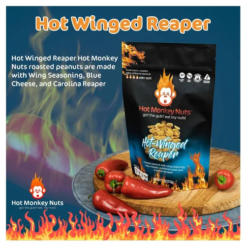 Vista 5 de Hot Monkey Nuts Spicy Artisanal Peanuts Hot Winged Reaper - Sabor con condimento de ala de búfalo, queso azul y pimienta Carolina Reaper, bolsa