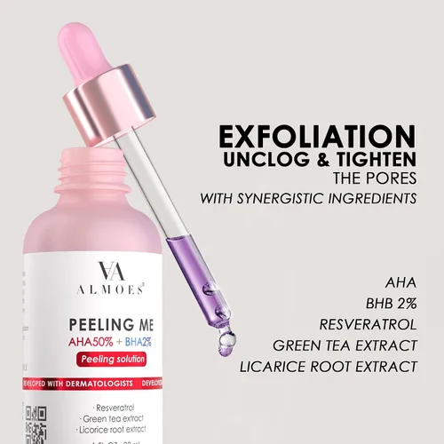 Vista 3 de ALMOES - Suero exfoliante facial con AHA y 2% BHB para eliminar puntos negros, exfoliante facial para tono y textura, minimizador de poros, suero
