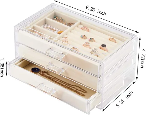 Vista 2 de Weiai Joyero acrílico con 3 cajones organizador de joyas de terciopelo aretes anillos collares pulseras vitrina regalo para mujeres niñas beige