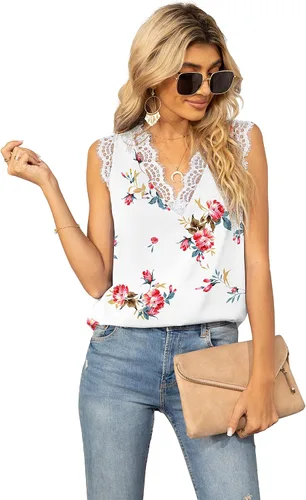 Vista 102 de VIISHOW - Camiseta sin mangas, sexy, con cuello en V y bordes de encaje para mujer, camisola de vestir, camisas de gasa, sin mangas, casuales