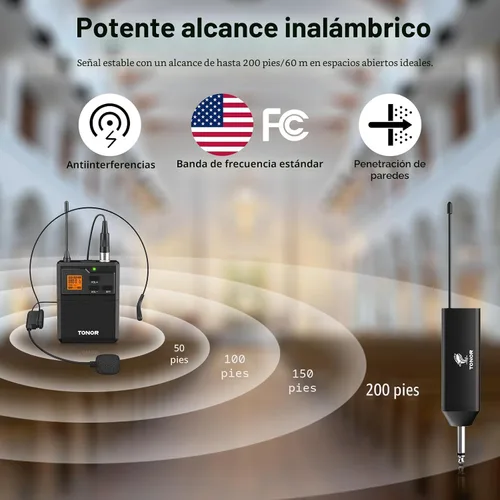 Vista 2 de TONOR Sistema de micrófono inalámbrico UHF con micrófono de auriculares/micrófono de solapa Lavalier, transmisor Bodypack, receptor recargable, 15