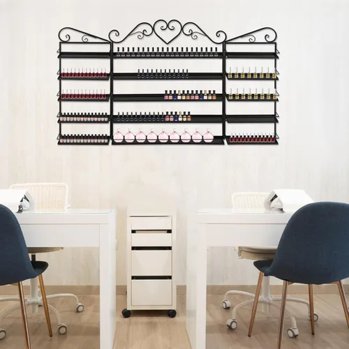 Vista 17 de Estante de almacenamiento de esmalte de uñas de metal para montar en pared, organizador de esmalte de uñas triangular de 5 niveles, soporte