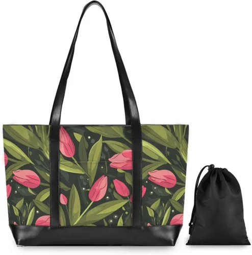 Vista 2 de Pink Tulipa Green Leaves Flat Illustration Style Large Capacity bag with laptop compartment with zipper laptop travel bag for ladies with college