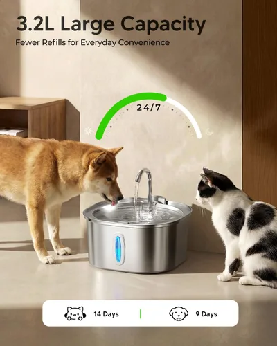 Vista 3 de PEKTACO Fuente de Agua para Gatos de Acero Inoxidable, Dispensador de Agua para Gatos de 3.2L/108oz con Bomba de Agua Ultra Silenciosa y Ventana