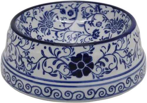 Vista 13 de Aimusego Plato chino de cerámica azul de 6.7 pulgadas para alimentos y agua para perros pequeños y medianos/gatos, tazón antideslizante de porcelana