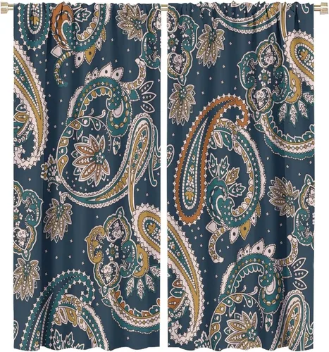 Vista 197 de Cortinas opacas con estampado de flores de cachemira, estampado de cachemira sobre fondo blanco, para decoración del hogar, cocina, restaurante