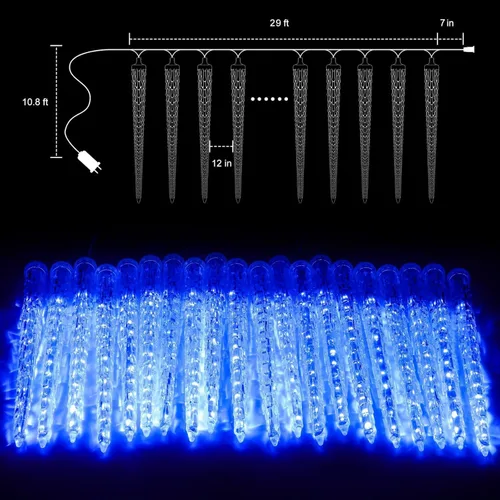 Vista 4 de Brightown Luces de carámbano de lluvia de meteoritos de Navidad para exteriores, 30 pies con 30 tubos 720 LED efecto de caída, decoraciones Azul