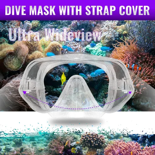 Vista 2 de Máscara de buceo de cara ancha Ultra View de bajo volumen con cubierta de correa de neopreno
