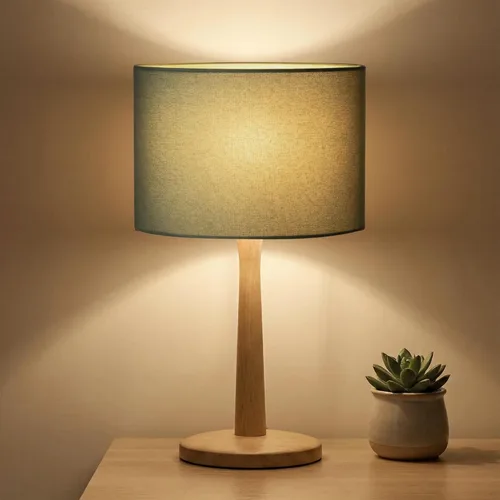 Vista 11 de Lámpara de mesa de madera natural maciza de 16.3 pulgadas con pantalla de tambor de lino para sala de estar, lámpara de mesita de noche regulable