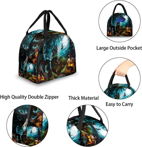 Vista 5 de Bolsa de almuerzo aislada para mujeres y hombres, Halloween, castillo de bruja, calabaza, impermeable, bolsa térmica reutilizable, contenedor