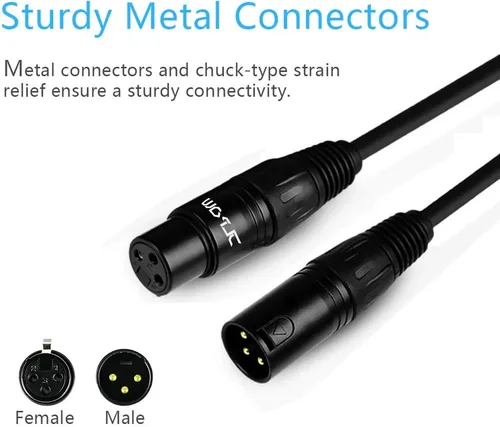 Vista 5 de Cable DMX flexible de 3.2 pies, chapado en oro de 3 pines macho a hembra, cable XLR DMX, lo mejor para luces de escenario de DJ, luces pares