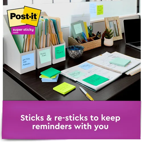 Vista 4 de Post-it Notas emergentes súper adhesivas, 3 x 3 pulgadas, 6 blocs, 2 veces el poder de pegado, Poptimista, colores brillantes, reciclables