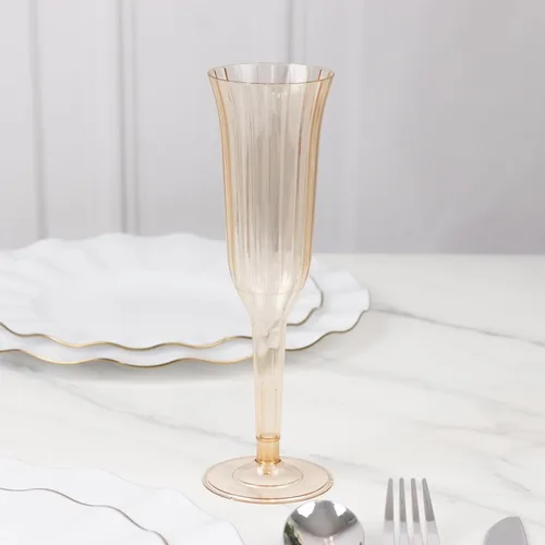 Vista 4 de Efavormart - Juego de 24 copas de champán de plástico de 6 onzas, diseño acampanado ámbar dorado transparente, vasos desechables con base desmontable