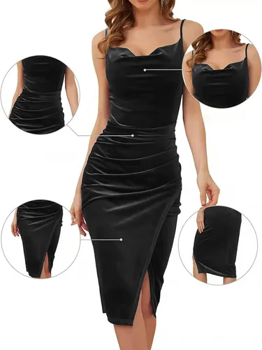 Vista 6 de Flamingals Vestido sexy de terciopelo con tirantes delgados para mujer, sin mangas, cuello redondo, dobladillo con abertura, vestido de cóctel