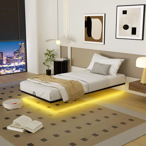 Vista 13 de Base de cama flotante de tamaño individual con luces LED y estación de carga, cama moderna de plataforma de metal, resistente, fácil montaje,