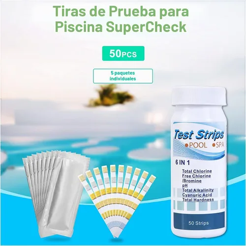 Vista 3 de SuperCheck Tiras de prueba de spa de 6 vías para bañera de hidromasaje, 7 parámetros, 50 unidades, tiras de prueba para bañera de hidromasaje