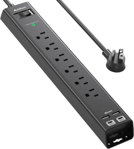 Vista 7 de Addtam Power Strip Surge Protector with 6 AC Outlets 4 USB Ports (2 USB-C), Flat Plug Extension Cord 5ft, Multi Outlet Extender, Wall Mount Desk