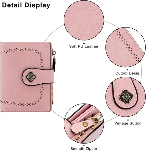 Vista 4 de defway Cartera pequeña para tarjetas para mujer, cartera para mujer con soporte para tarjetas de bloqueo RFID, bolso pequeño compacto para mujer, 16