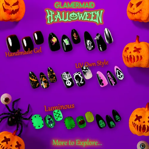 Vista 8 de Luminous GLAMERMAID Winter Press on Nails Conffin, Handmade Gel Fake Nails Long, Gothic Emo Nails with Skull Ghost Design, Cartoon False Nails for