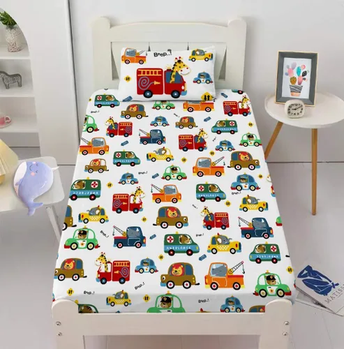 Vista 3 de Juego de sábanas para niños con temática de autos y animales tamaño Queen para niños y niñas - Juego de ropa de cama de dibujos animados con Coches
