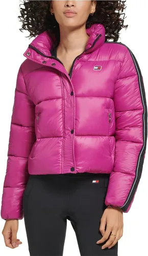 Vista 4 de Tommy Hilfiger Chaqueta acolchada con bolsillos con cremallera para mujer, manga acolchada con logotipo
